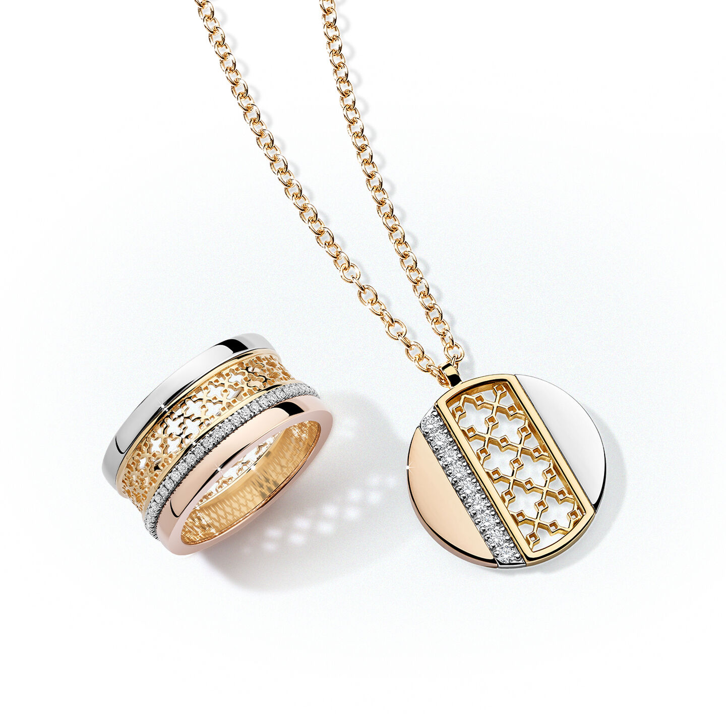 Tri-gold Ring and pendant necklace