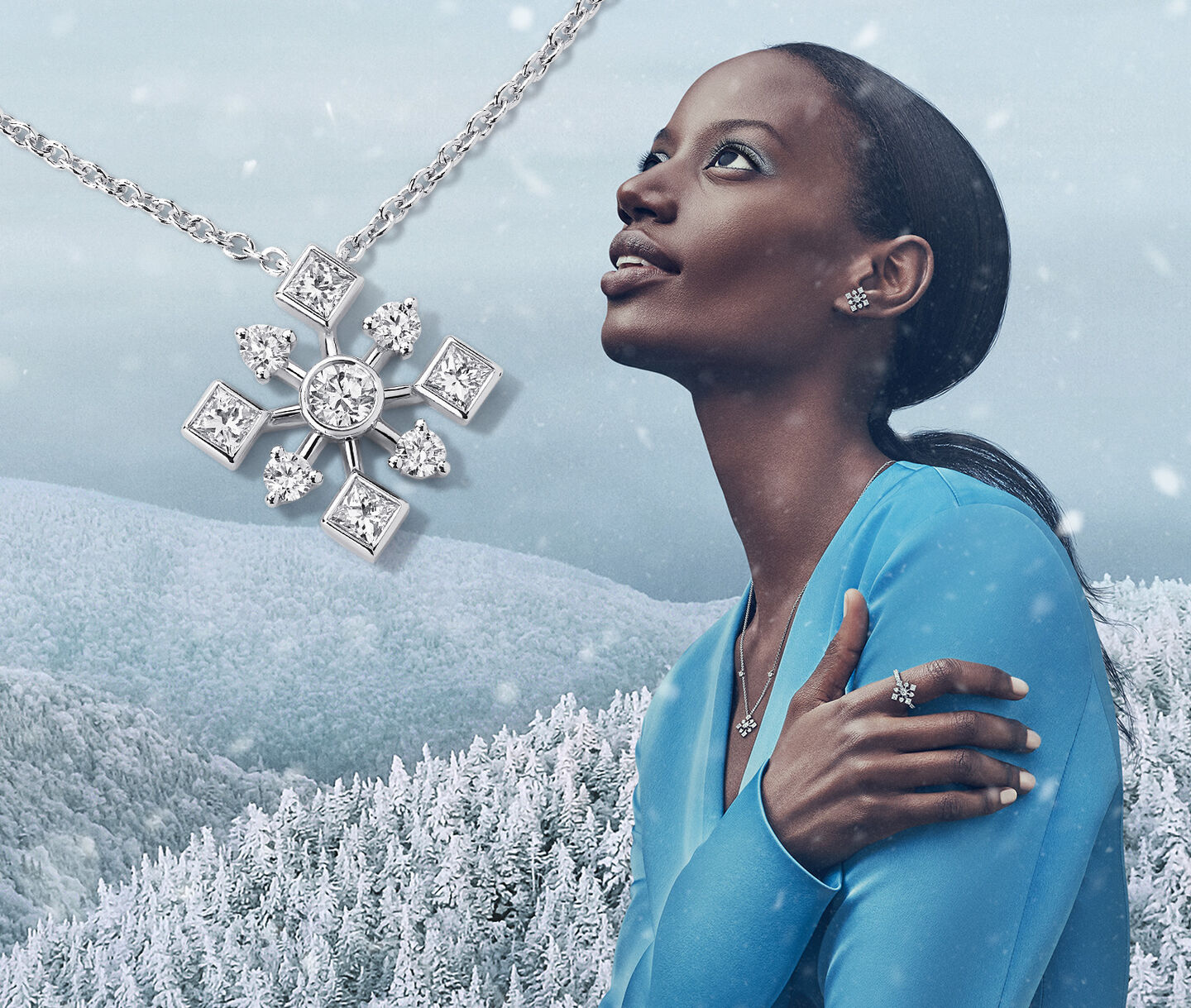 On the Right a model looks to the sky, on the left a white gold and diamond necklace