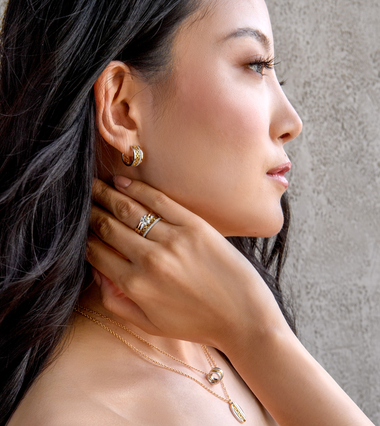 Model wearing Birks jewelry