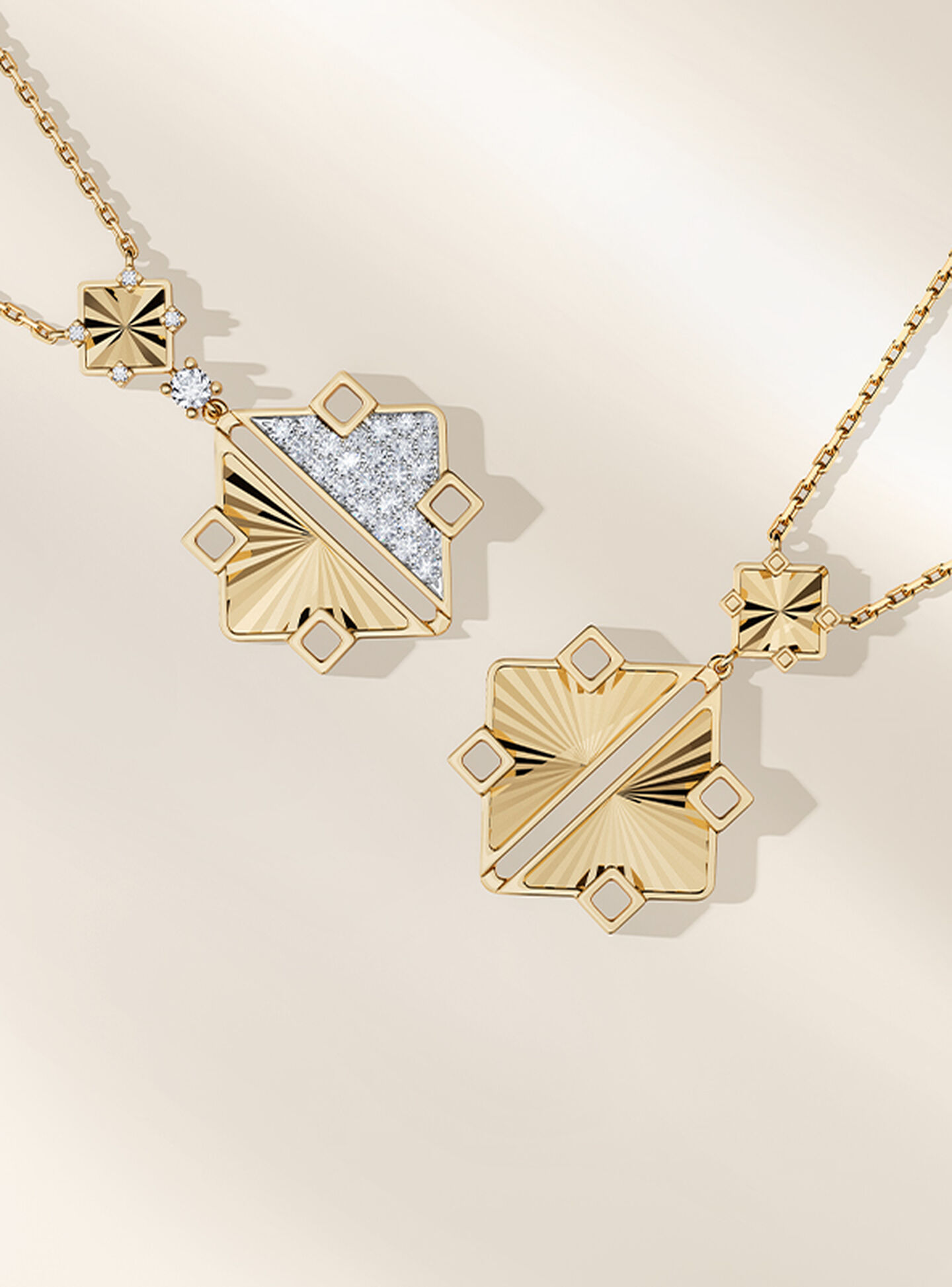 A woman wearing Birks Muse Exceptional yellow gold and diamond jewellery on a beige background.