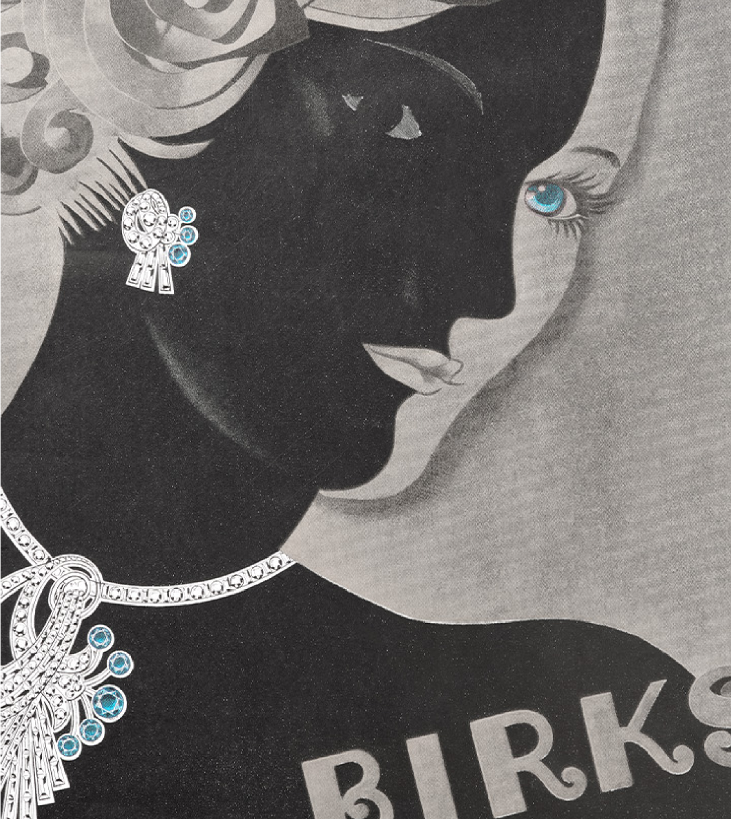 A black and white illustration of a woman wearing sapphire and diamond jewelry