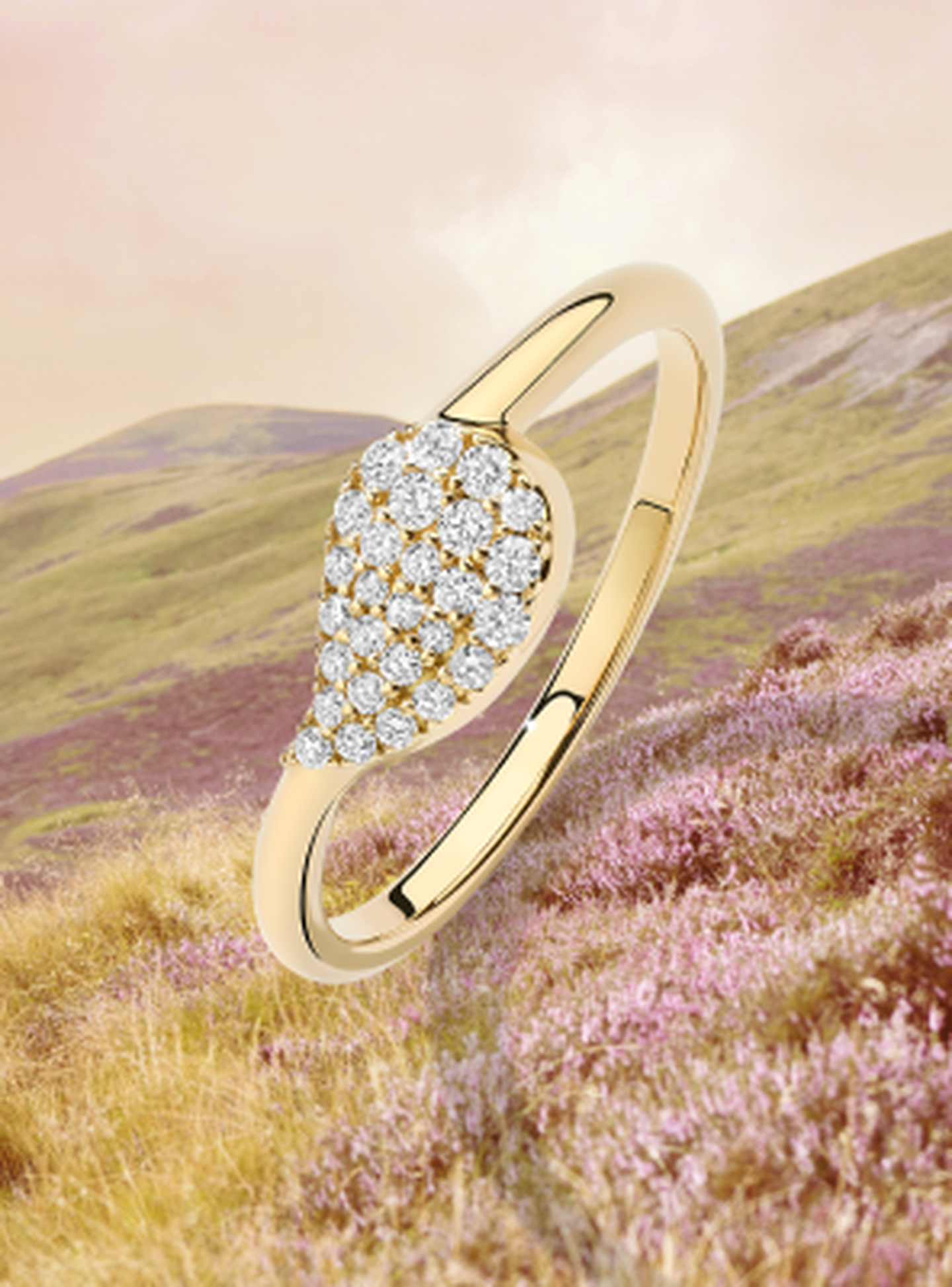 A yellow gold petale ring in front of a hillside of wildflowers