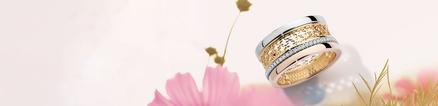 Birks Dare to Dream yellow, white and rose gold pendant.