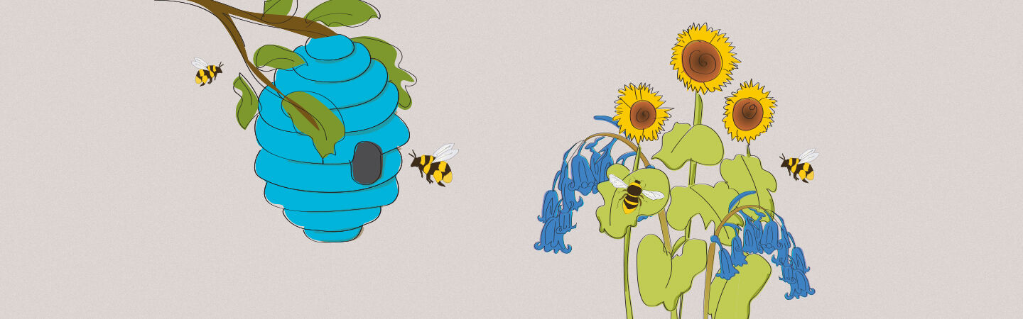 A colourful illustration of a blue bee hive, bees and sunflowers in the background