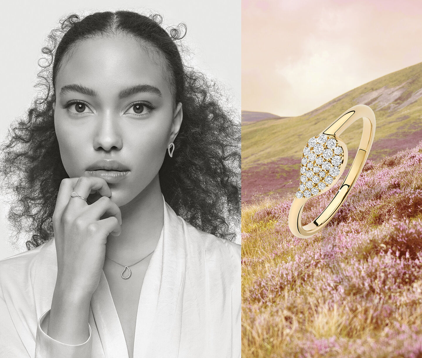 Black and white model next to a yellow gold and diamond ring