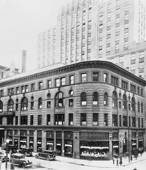 A black and white photo of the Birks Montreal storefront.