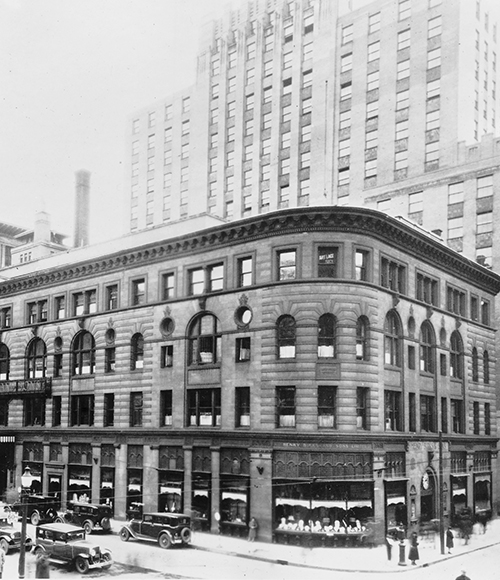 A black and white photo of the Birks Montreal storefront.